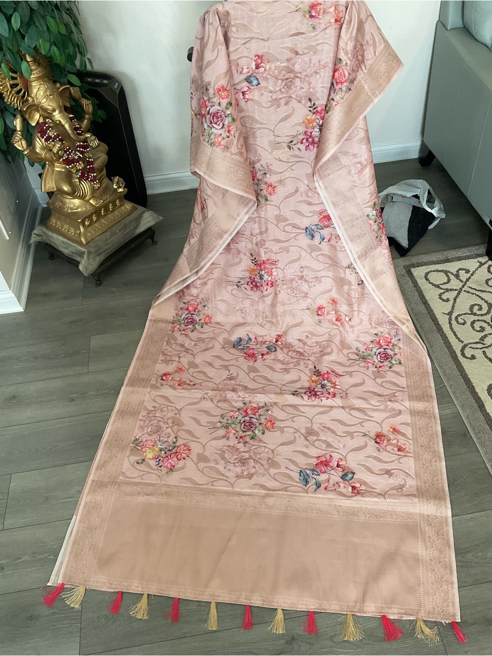 Elegant Blush Pink Floral Indian silk saree with blouse